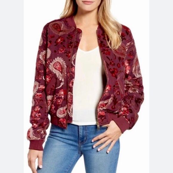 ANTHRO KAS Designs Burgundy Velvet Paisley Full Zip Bomber Jacket SMALL Fall - Picture 1 of 15